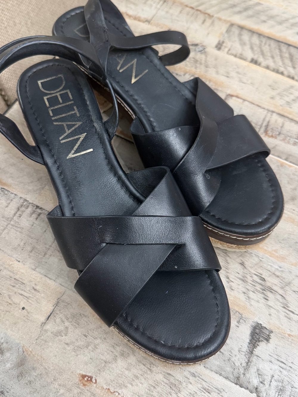 Deltan Black Leather Crisscross Strap Sandals